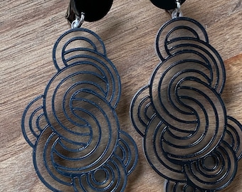 Large black line drawn dangling cloudy clip on earrings, translucent screwback earrings