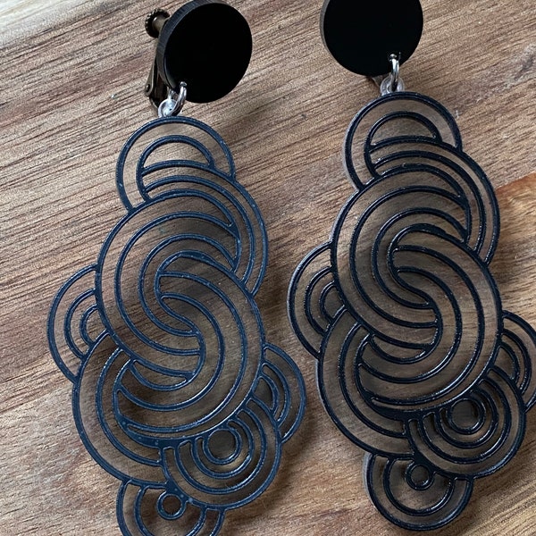 Large black line drawn dangling cloudy clip on earrings, translucent screwback earrings