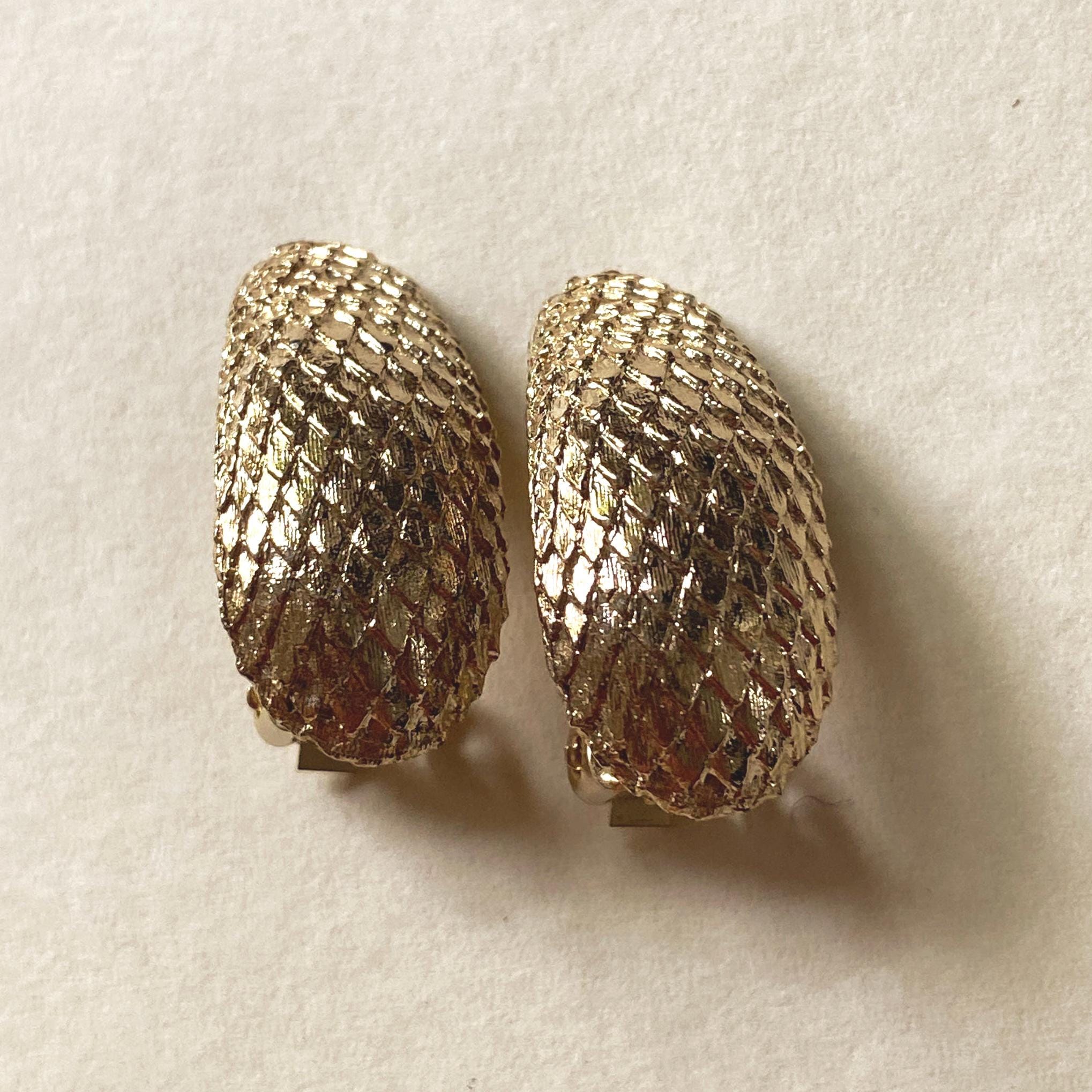 Vintage clip on gold coloured textured reptile skin earrings