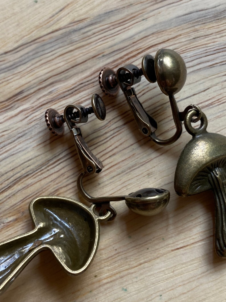 Dangle bronze mushroom clip on earrings, Bronze mushroom earrings on hinged screwback closures no piercing image 3