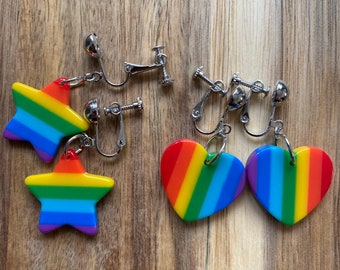Dangling rainbow star clip on earrings | rainbow earrings | rainbow pride hinged screwback earrings