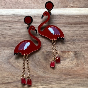 Dangling flamingo clip on earrings | giant plastic bird screwback earrings | dangling chain legs