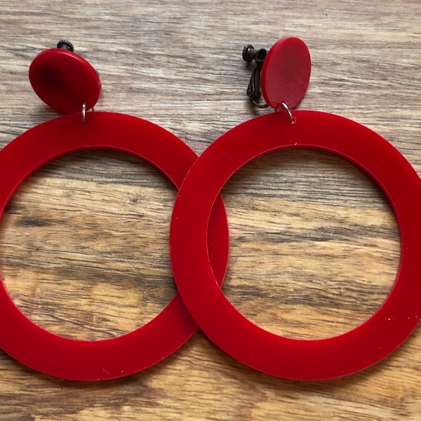 Giant plastic hoop clip on earrings (hinged screw on closures or clip closures)