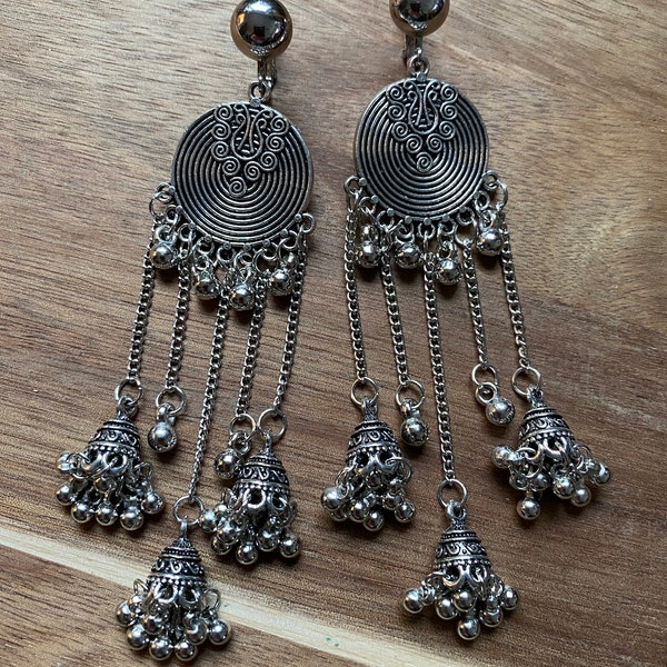Silver dangling chain tassel clip on earrings, dangling silver bell earrings, screwback earrings