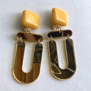 Giant modern clip on earrings, large yellow and  golden earrings