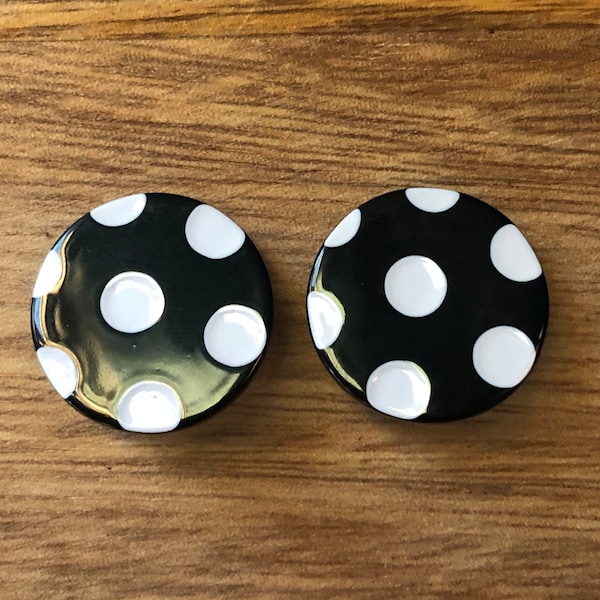 Black and white polka dot clip on button earrings, earrings for unpierced ears