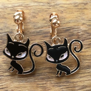 Dangling black cat clip on earrings (no pierce |screwback)