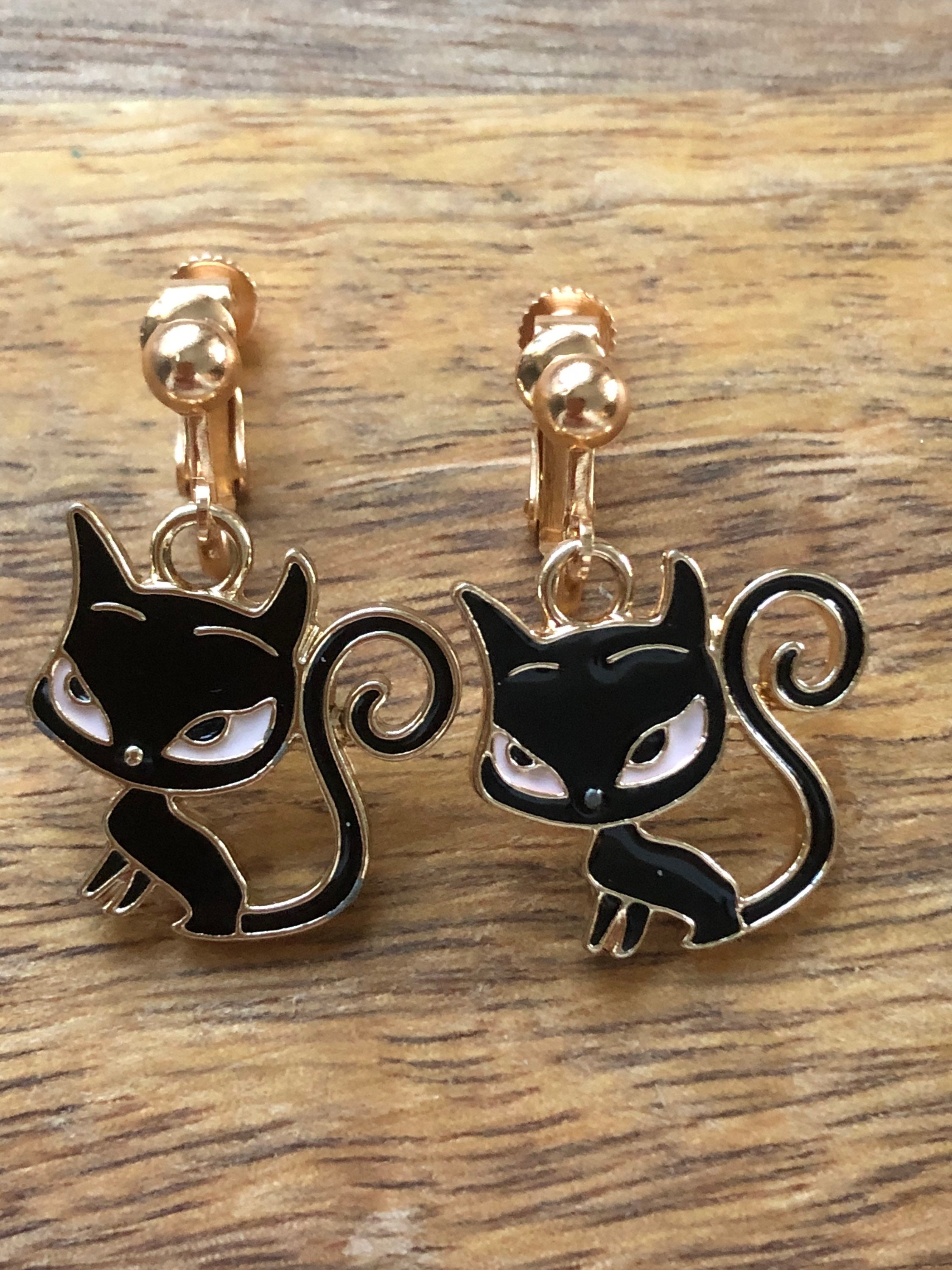 Boucles d'oreilles chat émail strass gris noir - Bijoux animaux