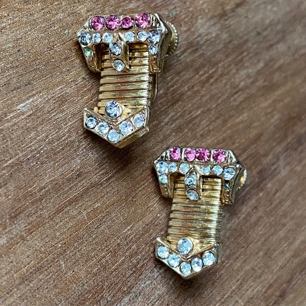 Vintage pink rhinestone Coro clip on earrings, art deco rhinestone screwback earrings