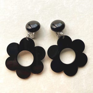 Black Floral Clip On Earrings: Lightweight Plastic Hoops