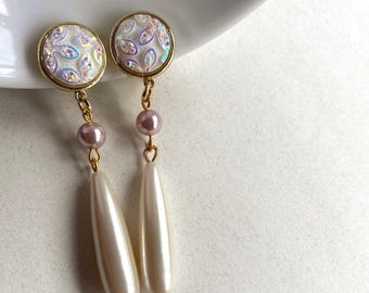 Dangling faux pearl teardrop clip on earrings, blush floral cabochon earrings