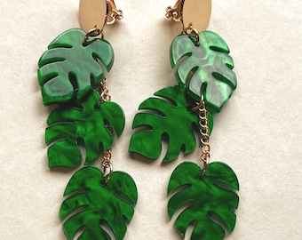 Dangling maple or monstera leaf clip on earrings
