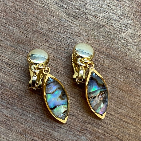 Gorgeous clip on earrings, dangling faux abalone drops, subtle ear clips