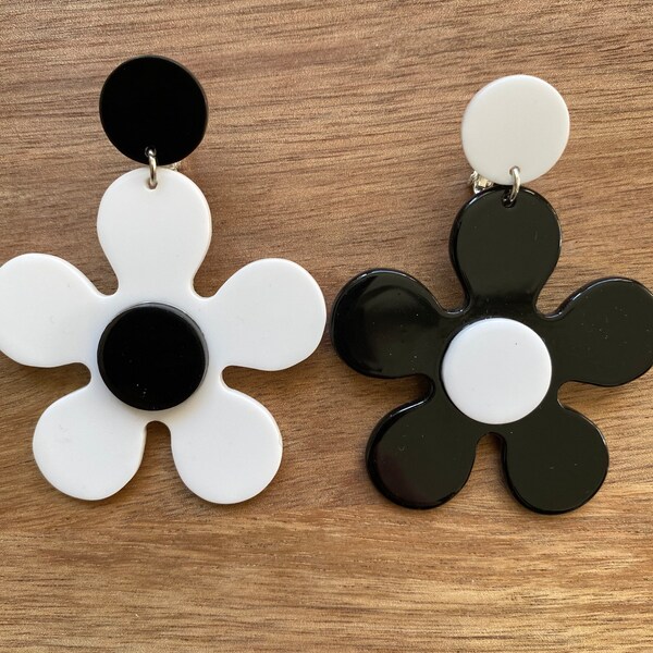 Dangling queen sized clip on earrings - huge asymmetrical flowers in black/white