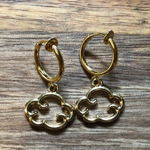 Tiny dangling hollow golden cloud clip on spring hoop earrings