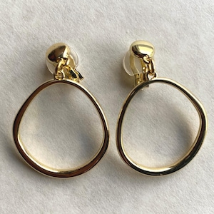 Simple clip on gold dangling hoop earrings, gold  tone ear clips