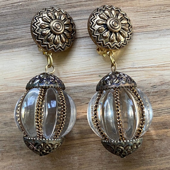 Dangling clip on large beaded earrings, chunky vi… - image 1
