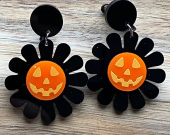 Boucles d'oreilles pendantes clip, Halloween marguerites noires et oranges