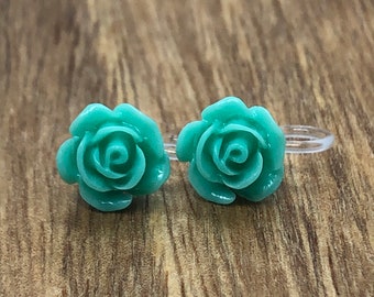 Tiniest resin rose invisible clip on earrings