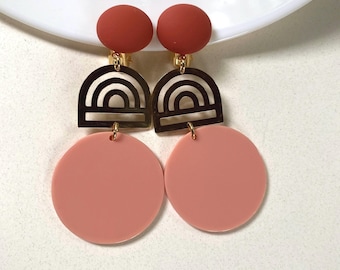 Clip on drop earrings: geometric purple, green, orange earrings for unpierced ears