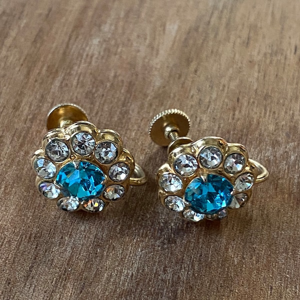 Vintage Coro clip on turquoise rhinestone  earrings, screwback turquoise and clear rhinestone earrings