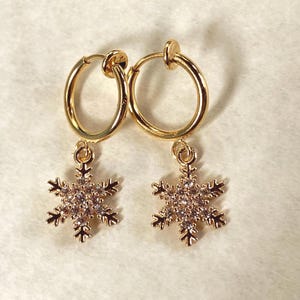 Tiniest Sparkling snowflake pendant clip on earrings with rhinestone pavers (spring hoop)