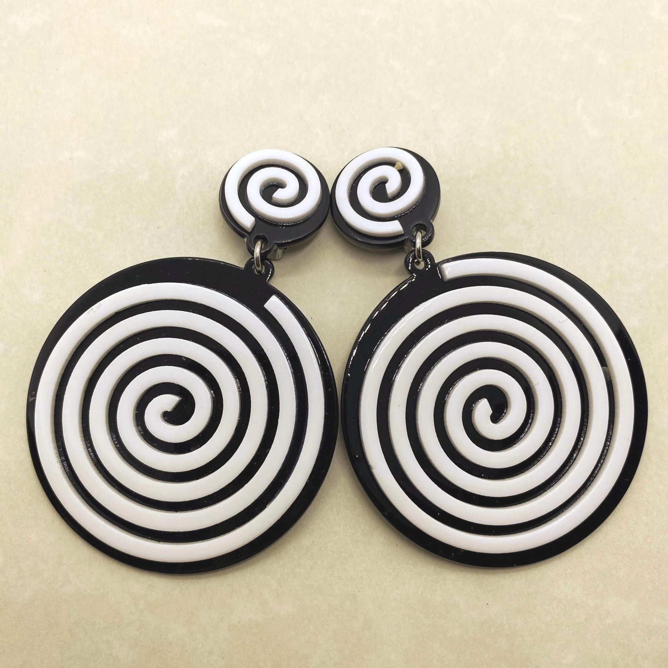 Boucles D'Oreilles Vintage Années 80 - Motif Damier Noir Et Blanc, Clip En Plastique