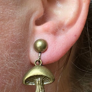 Dangle bronze mushroom clip on earrings, Bronze mushroom earrings on hinged screwback closures no piercing image 4