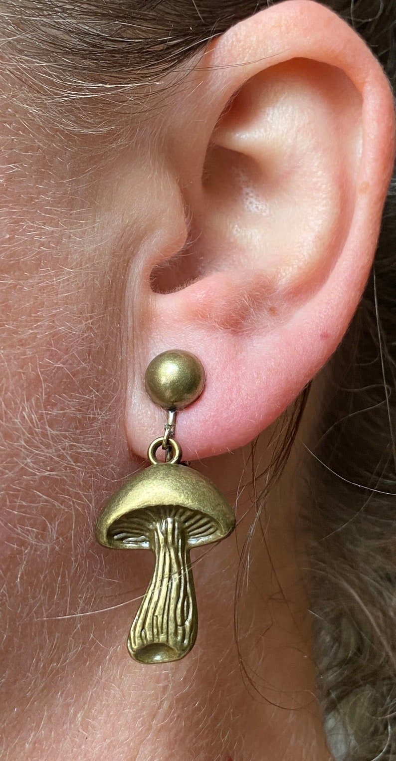 Dangle bronze mushroom clip on earrings, Bronze mushroom earrings on hinged screwback closures no piercing image 4