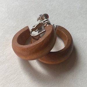 Neutral Wooden Hoop Clip On Earrings: Simple Lightweight Design
