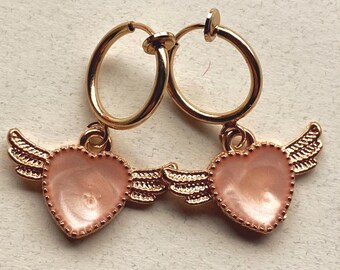 Tiny dangling winged heart clip on spring hoop earrings