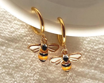 Tiny dangling bumblebee clip on spring hoop earrings