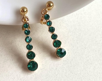 Dangling green rhinestone drop clip on earrings