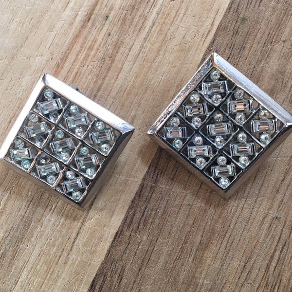 Vintage rhinestone Silver diamond shaped clip on earrings