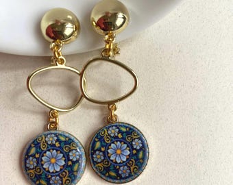 Blue & Gold floral Clip On Earrings: Modern Dangle Drop Hoops