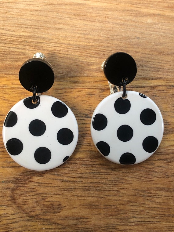 Dangling Black and White Polka Dot Clip on Earrings Etsy Australia