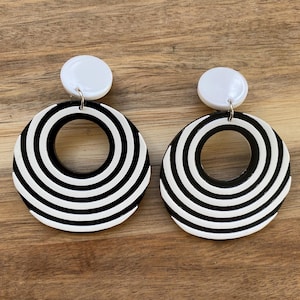 Black and White Striped Hoop Clip On Earrings