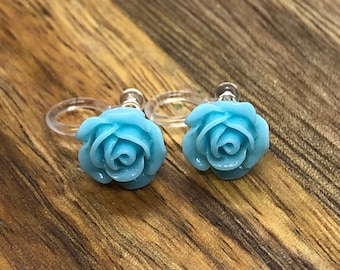 Tiniest resin rose invisible clip on earrings