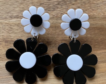Dangling clip on floral earrings, black and white daisies, flower earrings for unpierced ears