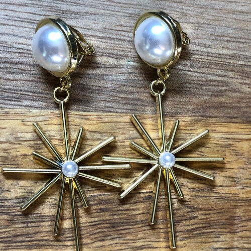 Dangling Faux Pearl Huggie Clip on Earrings spring Hoop Etsy