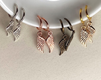 Dangling metal angel wing clip on earrings (huggie - retractable hoop or clip closure)
