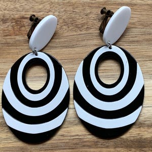 Striped Hoop Clip On Earrings: Black and White Plastic Dangles