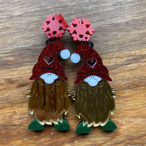 Giant Dangling Glittery Clip on Gnome Earrings