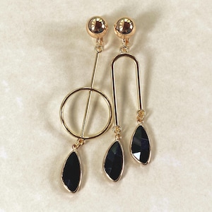 Asymmetrical geometric clip on earrings, black pendant clip on earrings