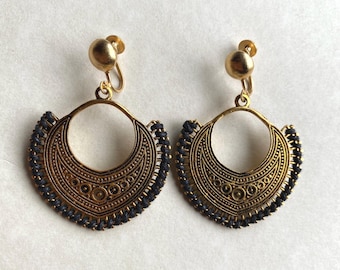 Golden Hoop Clip On Earrings: Black Accent Dangle Drop Earrings