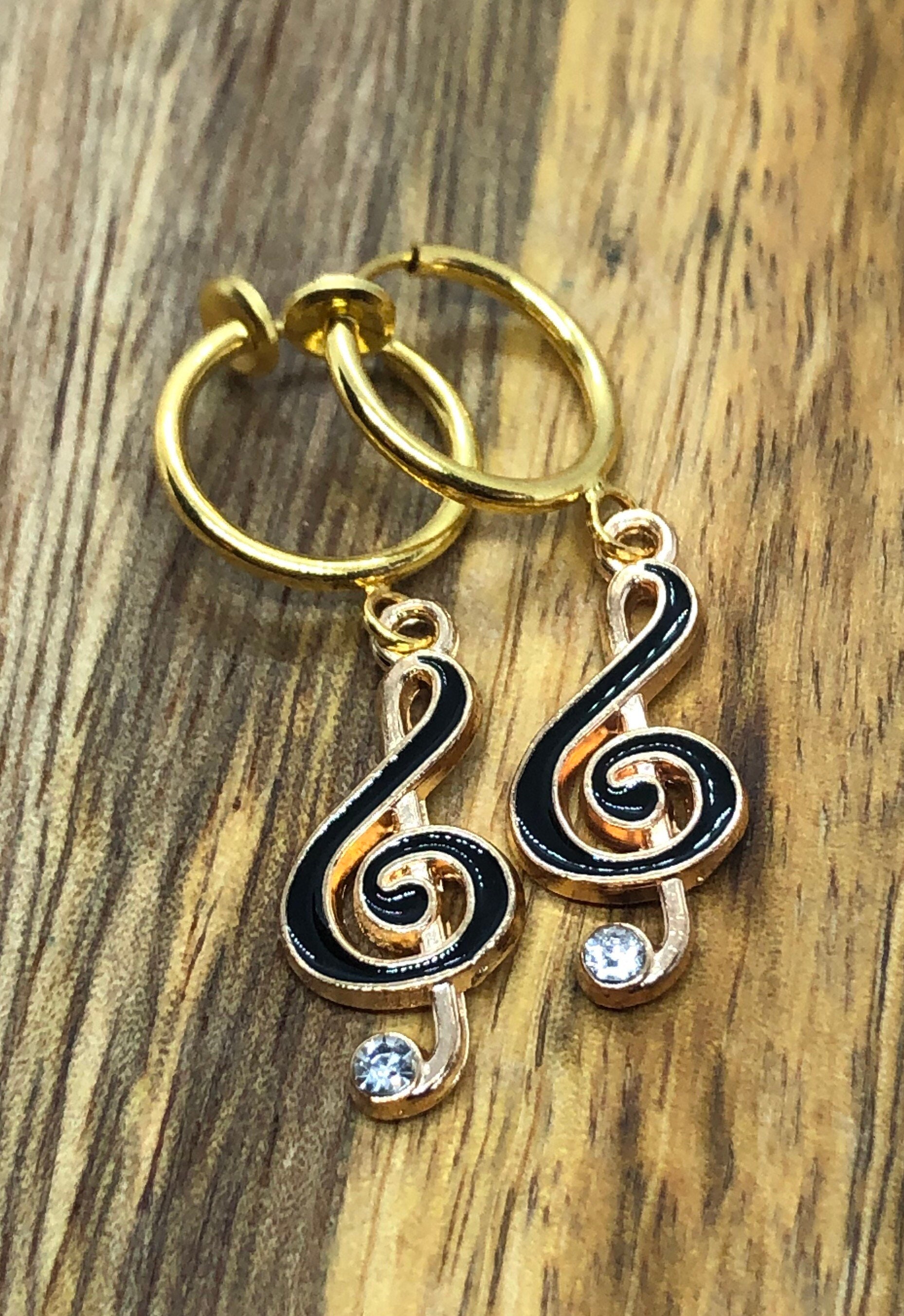 Treble Clef enamel pendant clip on earrings with rhinestone accents spring hoop
