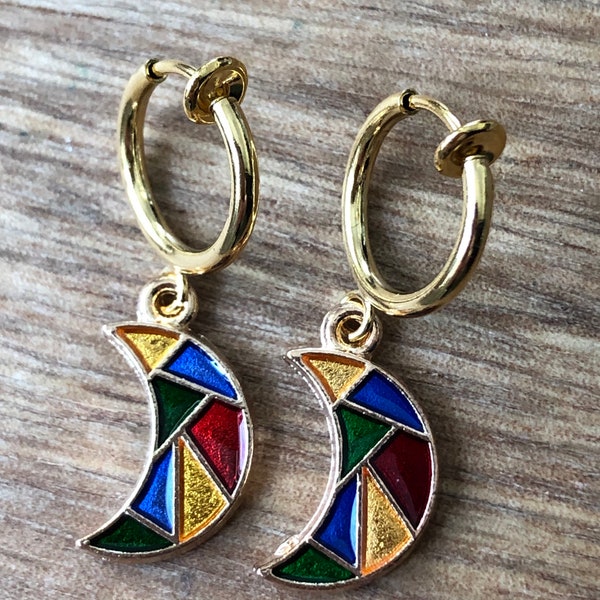 Dangling stained glass crescent moon huggie clip on spring hoop earrings