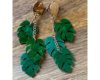 Boucles d'oreilles pendantes clip feuilles de monstera