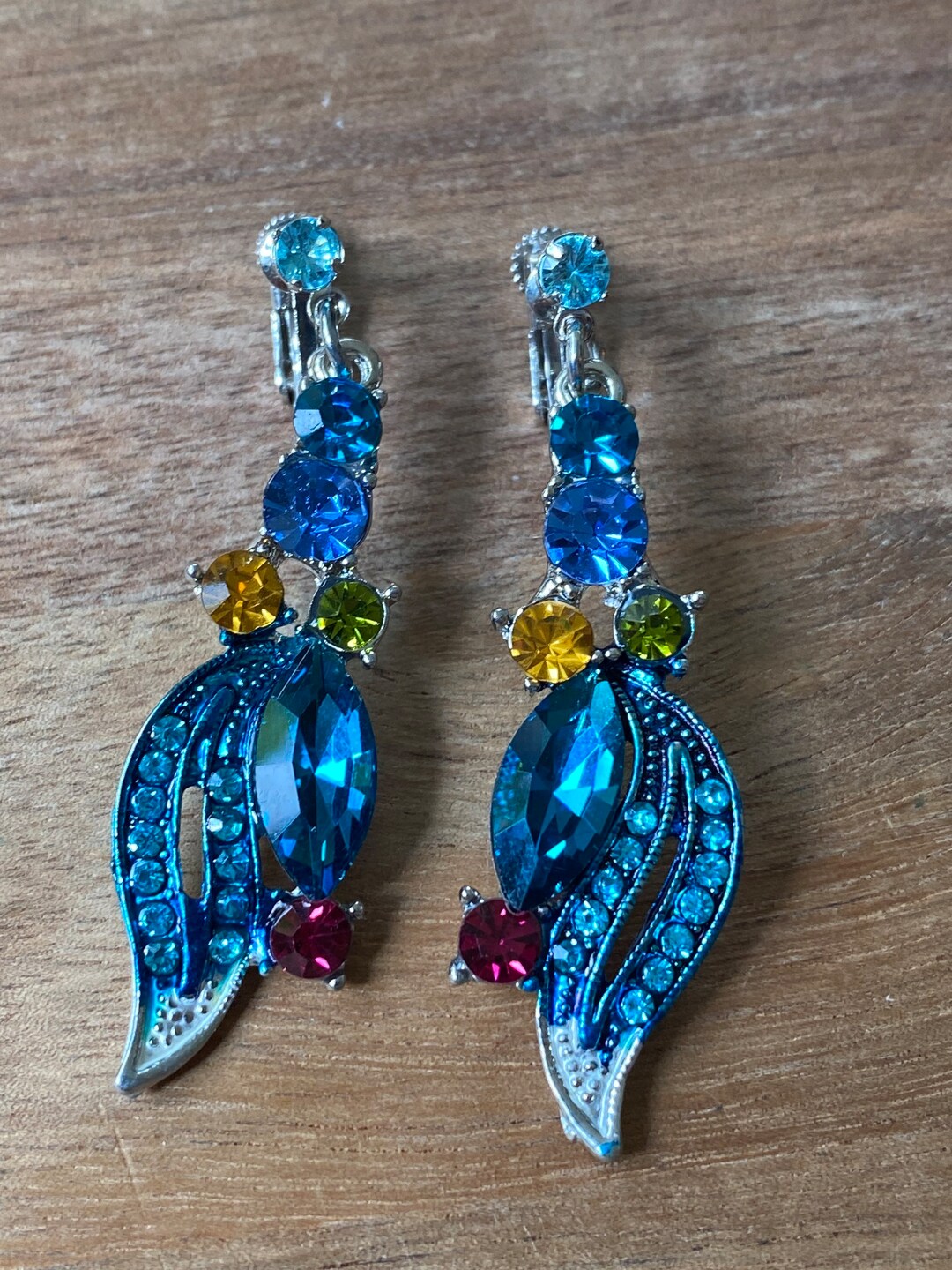 Vintage Multicoloured Rhinestone Clip on Earrings, Dangling Rhinestone