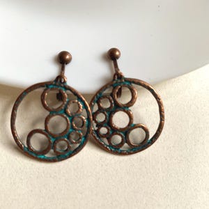 Dangling clip on copper bubble earrings, abstract cluster earrings